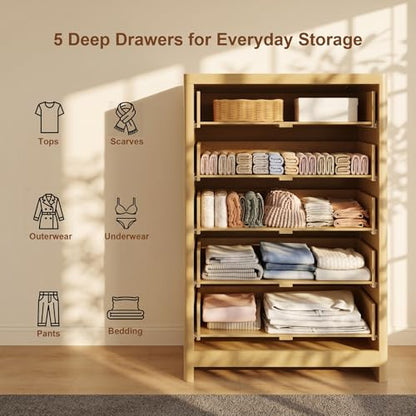 Natural Oak Dresser with 5 Deep Drawers, 47" Tall Fluted Chest of Drawers, Round Edge, Modern Vertical Dresser, Wooden Storage Organizer Cabinet for Bedroom, Living Room, Entryway, Hallway