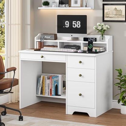 43-Inch White Computer Desk with Hutch and File Drawer