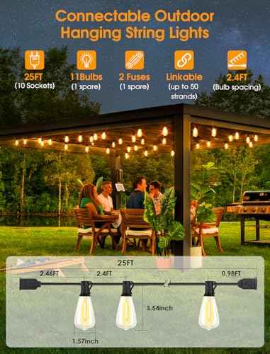 25FT Outdoor String Lights, Patio Lights with 10+1 LED Dimmable Waterproof Shatterproof ST38 Retro Edison 2700K Bulbs for Balcony Yard, Black