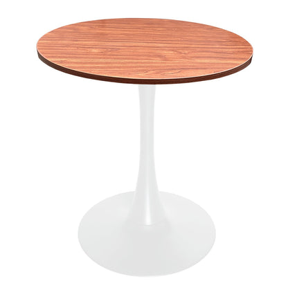 27" Wide Round Dining Table, Modern MDF Wood Top & White Metal Pedestal Base Gloss Finish Accent Table Mid-Century Café Table, Kitchen Dining Room Furniture, Cognac Brown