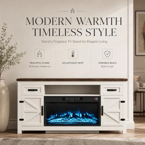 Fireplace TV Stand with Barn Door, 70 inch, White