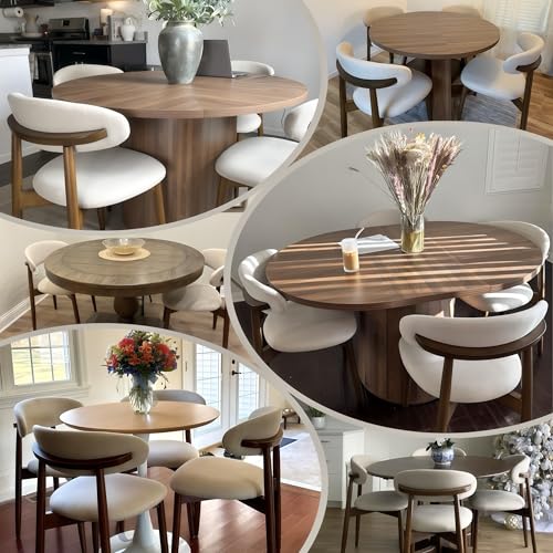 Wooden Dining Chairs Set of 6, Modern Upholstered Fabric Dining Room Chair, Farmhouse Kitchen Side Chairs with Foot Pegs, Beige