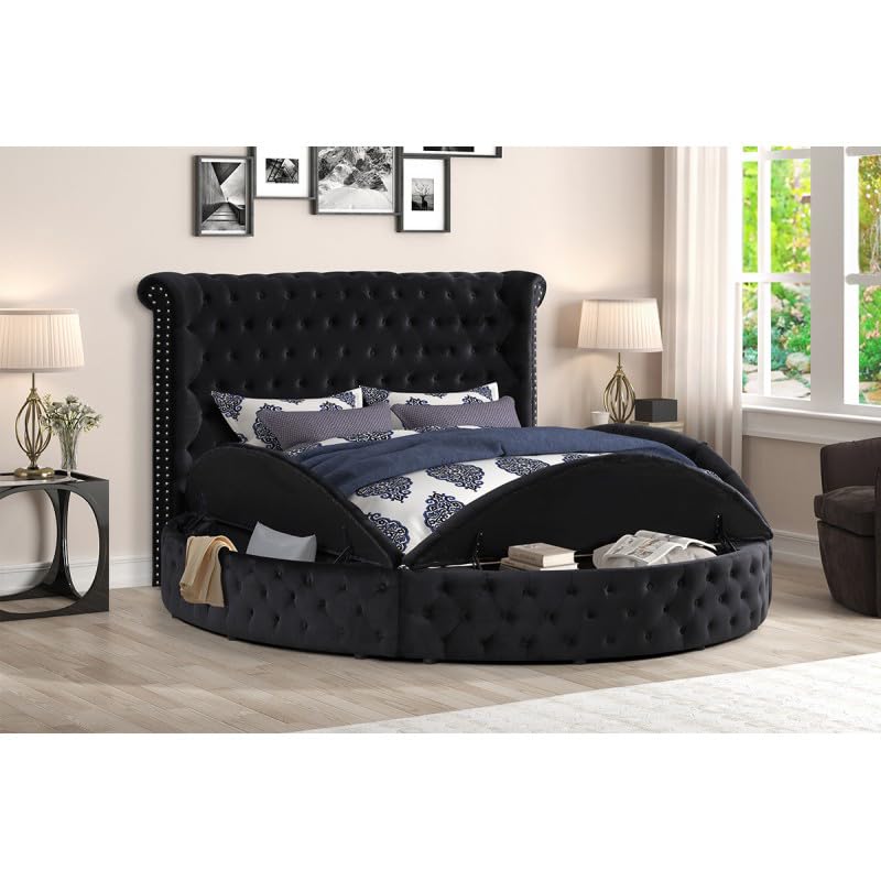 Velvet Tufted Platform Storage Bed, Circle Bed with Button Tufting, Storage Compartments in Rails and Footboard (Black, Eastern King)