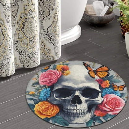 Large Machine Washable Circular Rugs, Home Decor Round Mat for Living Room Sofa Office Flower Sugar Skull