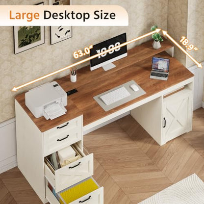63" Farmhouse Computer Desk with 4 Drawers for Home Office, Bedroom