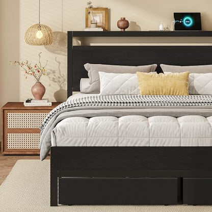 Queen Bed Frame with Storage, Wood Headboard with Fast Charging Station, LED Lights, Platform Bed Frame Queen Size, Fabric Drawers with Wheels, No Box Spring Needed, Noise Free, Black