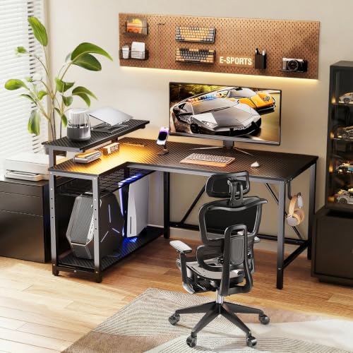 42" L-Shaped Gaming Desk with LED Lights and Power Outlets, Black