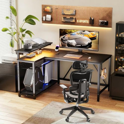 42" L-Shaped Gaming Desk with LED Lights and Power Outlets, Black