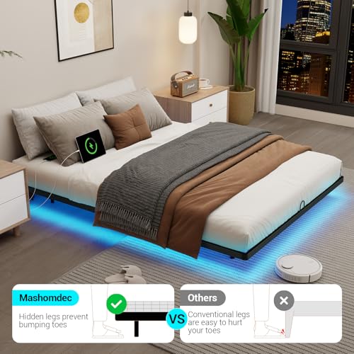 Queen Size Floating Metal Bed Frame with Smart LED Lights & Charging Station, Metal Platform Bed Base No Box Spring Needed, Easy Assembly, Noise Free