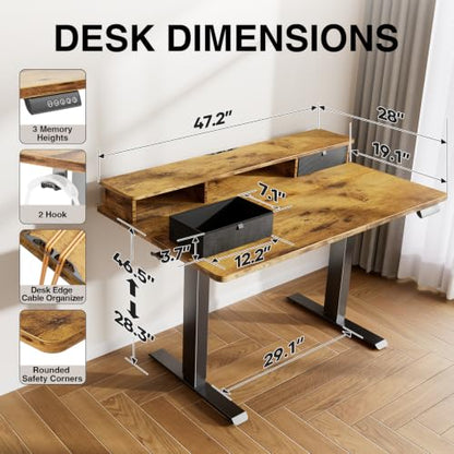 47x28 in Electric Standing Desk with Drawers, Adjustable Table, Brown