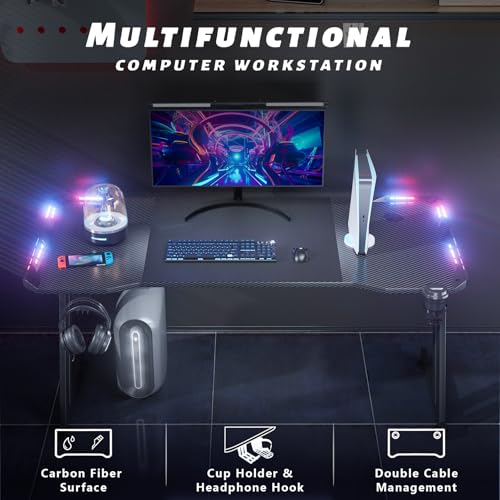55 Inch Gaming Desk Z Shaped Carbon Fiber Computer Desk with LED | Ergonomic Gamer Desk for Home Office, Large PC Table with Cup Holder Headphone Hook and Spacious Desktop for Gaming Setup