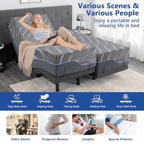 Split King Adjustable Bed Frame with Massage, 14 Inch Grey Gel Memory Foam Medium Firm Mattress in Box, Bed Base with Thickened Foam Frame, Adjustable legs, Voice control, Anti-Snore/0 Gravity
