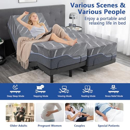 Split King Adjustable Bed Frame with Massage, 14 Inch Grey Gel Memory Foam Medium Firm Mattress in Box, Bed Base with Thickened Foam Frame, Adjustable legs, Voice control, Anti-Snore/0 Gravity