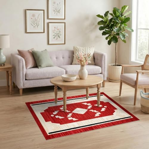 4'x6' Red Ivory Cat Crimson Boho Geometric Ultra-Soft Area Rug