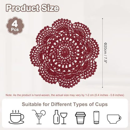 uxcell 4 Pcs Crochet Handmade Placemat Doilies for Table 7.9" Burgundy