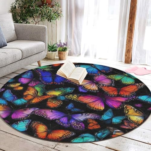 Home Decor Non Slip Kitchen Office Circle Rug, Machine Washable Modern Round Area Rug, Room Sofa Yoga Soft Round Carpet Colorful Butterflies Butterfly Art, 60inch