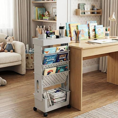 5-Tier Rolling Bookshelf Magazine Rack with Wheels Gray