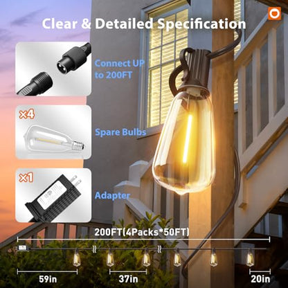 198FT Outdoor String Lights for Outside with Remote Waterproof Patio Lights with Plastic ST38 LED Edison Bulbs Outdoor Lighting Extra Long for Backyard Bistro Porch Garden Pergola Party Decor