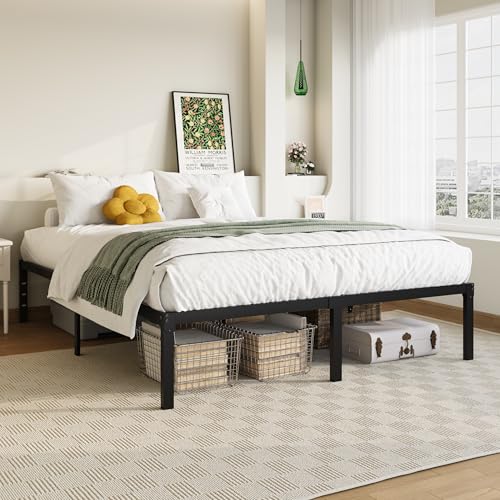 Full Size Bed Frame, 14 inch Metal Beds with Storage Space, Black