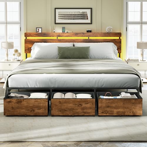 King Size Bed Frame with Wood Headboard,3 Storage Drawers & Shelf