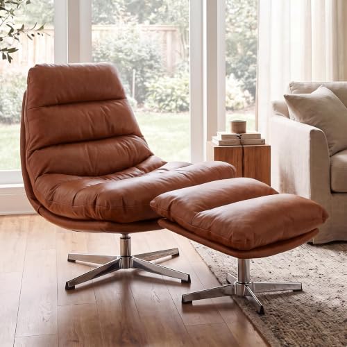 Brown Swivel Lounge Chair with Ottoman Modern PU Leather Accent Chair with Footrest 33'' Wide Oversized Armless Upholstered Reading Chair with Footstool for Living Room Bedroom Comfy