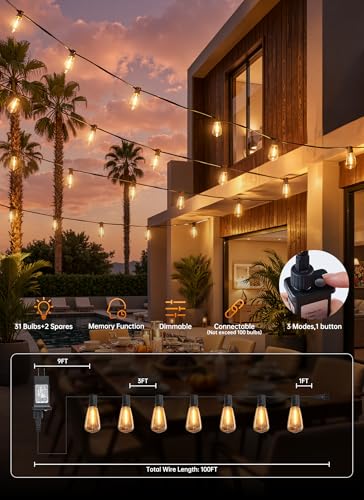 100FT Outdoor-String-Lights with Remote, Shatterproof ST38 LED Bulbs, Waterproof Patio Lights with 3 Modes, Dimmable & Connectable 2700K Hanging Lights for Backyard Porch Deck Balcony
