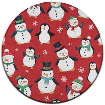 Circular Rugs Large Modern Round Area Rug Fashion Decor Mat for Home Office Christmas Cute Penguin Snowman Red