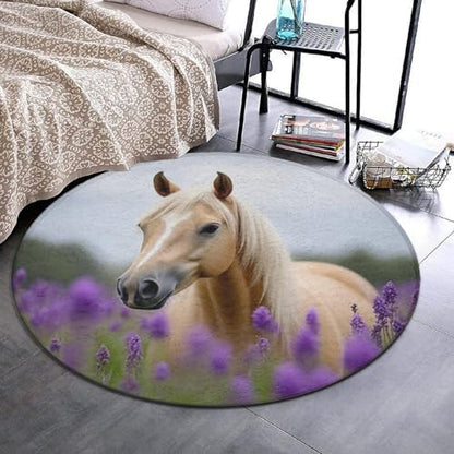 Large Home Decor Mat, Soft Round Yoga Carpet, Non Slip Machine Washable Kitchen Office Circle Rug Lavender Horse