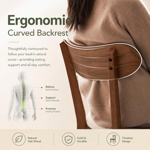 Oak Dining Chairs, Kitchen Chairs, 100% Solid Wood Modern Dinner Chair with Curved Backrest, Dining Room Chair for Kitchen, Living Room, Study (2PK, Walnut)