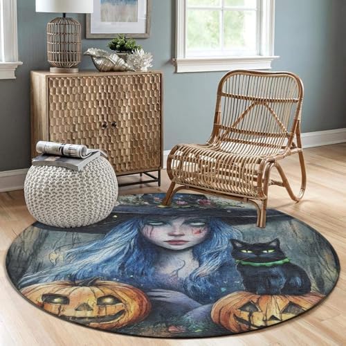 Large Round Area Rug Home Decor Modern Bathroom Rug Kitchen Office Circle Rug for Living Room Sofa Circle Cute Mat Halloween Pumpkin Black Cat Magic Witch Painting, 60inch