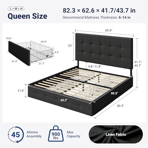 Upholstered Queen Size Platform Bed Frame with 4 Storage Drawers and Headboard, Square Stitched Button Tufted, Mattress Foundation with Wooden Slats Support, No Box Spring Needed, Dark Grey
