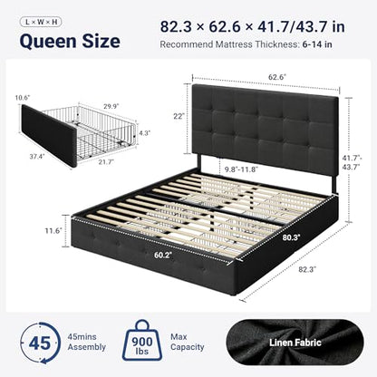 Upholstered Queen Size Platform Bed Frame with 4 Storage Drawers and Headboard, Square Stitched Button Tufted, Mattress Foundation with Wooden Slats Support, No Box Spring Needed, Dark Grey