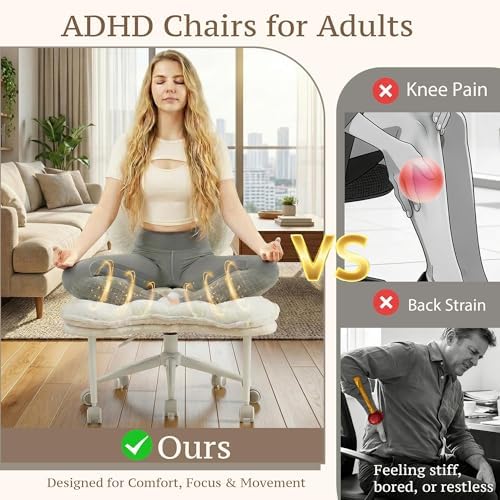 Cross Legged Chair with 360° Swivel Footrest, Criss Cross Office Chair for Plus Size, Teddy Fleece Armless Desk Chair with Wheels, Memory Foam Cozy Active Sitting Chair for Home Office,
