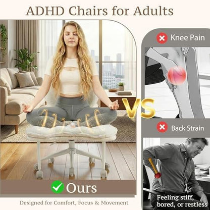 Cross Legged Chair with 360° Swivel Footrest, Criss Cross Office Chair for Plus Size, Teddy Fleece Armless Desk Chair with Wheels, Memory Foam Cozy Active Sitting Chair for Home Office,