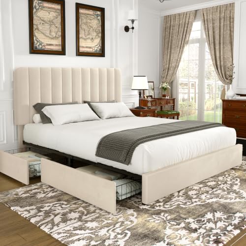 Queen Size Upholstered Bed Frame with 4 Drawers and Headboard, Velvet Platform Storage Bedframe, Wooden Slats Support, No Box Spring Needed, Beige