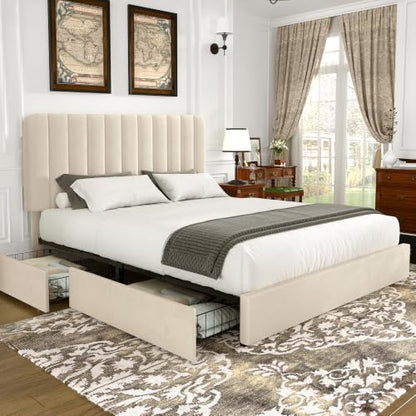 Queen Size Upholstered Bed Frame with 4 Drawers and Headboard, Velvet Platform Storage Bedframe, Wooden Slats Support, No Box Spring Needed, Beige