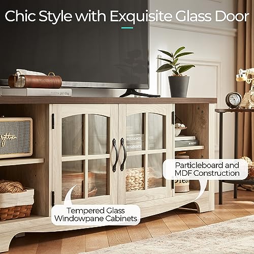 Farmhouse TV Stand for 65 Inch TV, Wood Entertainment Center with Glass Door Storage Cabinet & Adjustable Shelves, Large Sturdy TV Console Table for Living Room Bedroom