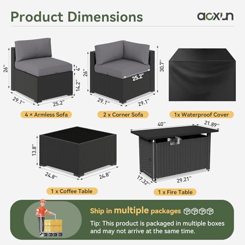 8 Piece Patio Furniture Set with 44” Fire Pit Table, Wicker Rattan Patio Sectional Sofa, Outdoor Furniture Set with Thickened Cushion, Grey