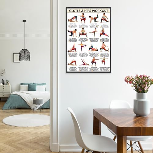 Glutes & Hips Workout Exercise Poster, 16 Illustrated Lower Body Training Moves Chart with Rep Ranges, Bodyweight Butt & Hip Tutor Guide for Home Gym Beginner Fitness Training and Glute Sculpting Reference(20x30inchs，Wrapped Framed)