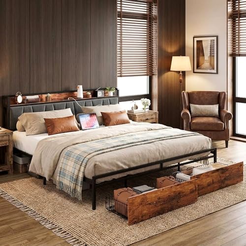 King Size Bed Frame with 2 Drawers and Charging Station | Platform Bed with Upholstered Storage Headboard, No Box Spring Needed, Easy Assembly, Sturdy, Industrial Brown and Gray
