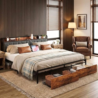 King Size Bed Frame with 2 Drawers and Charging Station | Platform Bed with Upholstered Storage Headboard, No Box Spring Needed, Easy Assembly, Sturdy, Industrial Brown and Gray