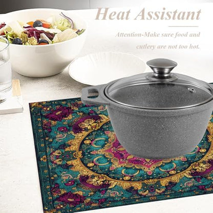 Shrahala Exotic Rich Color Set of 4 12 X 18 Inch Linen Placemats, Ornate Details Swirling Forms Burlap Table Mat Washable Double Layered Heat Insulation for Indoor/Outdoor