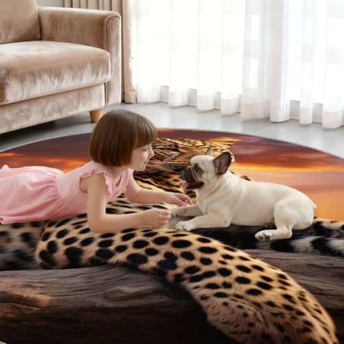Leopard Round Rug - 8ft Washable Cheetah Print Round Area Rug for Living Room, Wildlife Circle Rugs Soft Non-Slip Carpet for Bedroom Dining Table Coffee Table Decor Mat