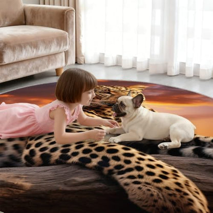 Leopard Round Rug - 8ft Washable Cheetah Print Round Area Rug for Living Room, Wildlife Circle Rugs Soft Non-Slip Carpet for Bedroom Dining Table Coffee Table Decor Mat