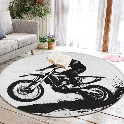 Soft Round Yoga Carpet, Office Chair Decor Round Mat for Carpet and Hardwood Floors Motocross Racer Extreme Sports Printed Dirt Bike