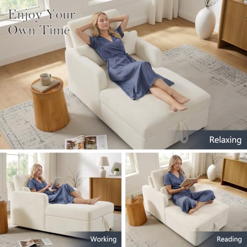 58" Oversized Chaise Lounge Chair with Storage, Chenille Beige