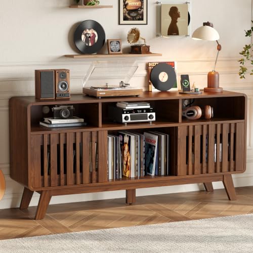 59"Large Vinyl Record Cabinet with Built-in Charging Station,Walnut | Mid Century Modern TV Stand for TVs up to 65", Record Player Table Holds 500+ Vinyl Records, Turntable Stand for Living room