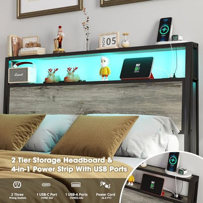 Queen Size Bed Frame with 2-Tier Storage Headboard, Rustic Grey | Wooden headboard with LED lights, built-in charging station, No Box Spring Needed, Noise Free, Easy Assembly, Modern Bedroom