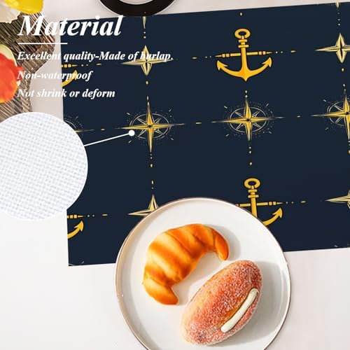 Shrahala Maritime Sea Sailing Symbols Set of 8 12 X 18 Inch Linen Placemats, Navy Blue Nautical Seamless Pattern Burlap Table Mat Washable Double Layered Heat Insulation for Indoor/Outdoor