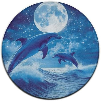 Large Round Area Rug Home Decor Modern Bathroom Rug Kitchen Office Circle Rug for Living Room Sofa Circle Cute Mat Blue Great Water of Waves Sea Full Moon Dolphin Art, 24inch